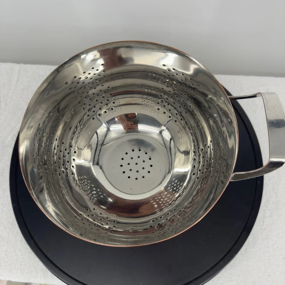 Vintage Copper Stainless Steel Footed Colander Strainer with Handle 8.5 Inch